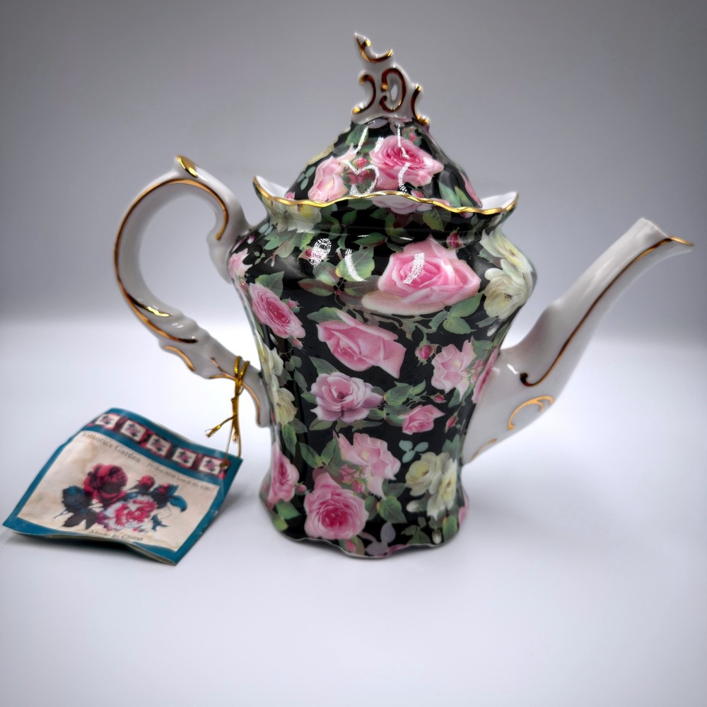 Victoria's Garden Floral Teapot Black Pink Yellow Roses Gold Trim Ceramic New